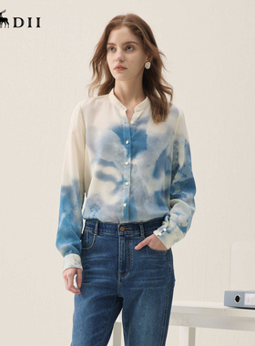 谜底蓝晒印花衬衣长袖2026年春季新品宫廷泡泡袖衬衫女261MC0209