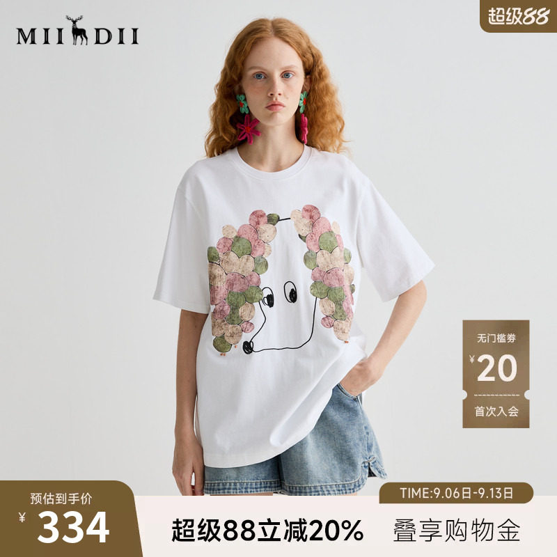 谜底T恤短袖女2025夏新品休闲日常印花宽松H型中长上衣252MT0623图片