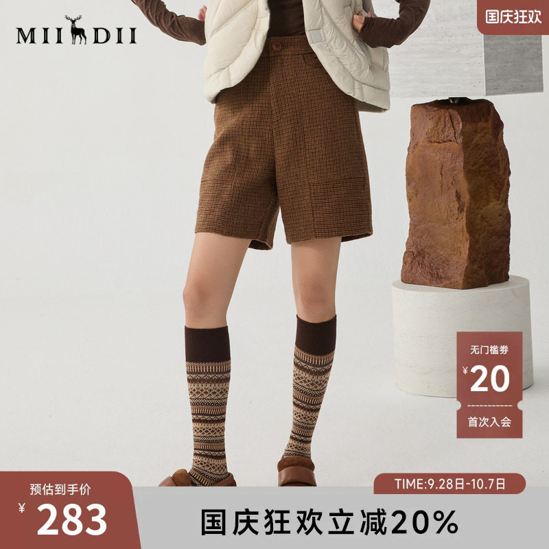 谜底格纹短裤女冬季新品复古风高腰百搭直筒裤靴裤244MK1564图片