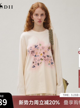 谜底T恤长袖女2025秋新品百搭柔软亲肤温暖印花绣花上衣253MT1115