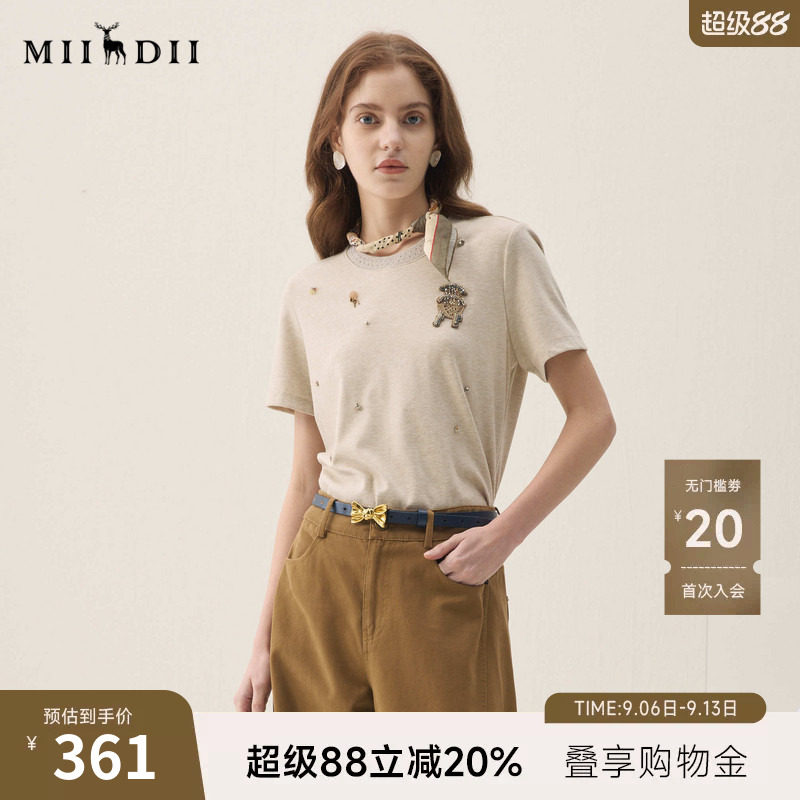 谜底原创T恤短袖2026年春季新品钉钻缝珠趣味章仔百搭女261MT0214图片