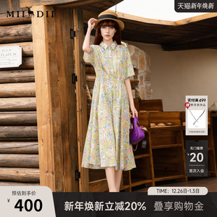 收腰长裙257ML7832 式 谜底碎花连衣裙短袖 25夏回归乡野度假风衬衫