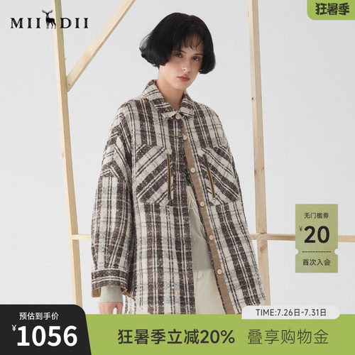 100%羊毛复古粗花呢格子大衣，大衬衣式廓形