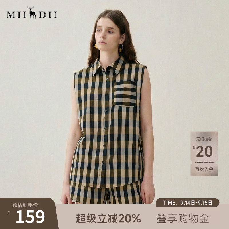 谜底格纹衬衫无袖女2025夏季新款复古文艺翻领百搭衬衣256MC6272										