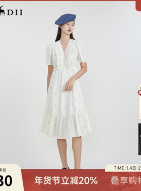 谜底V领提花中长款连衣裙春新款小清新荷叶边裙短袖231ML0134