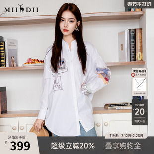 谜底白衬衫长袖女2025秋季新款通勤风宽松印花廓形衬衣257MC7719