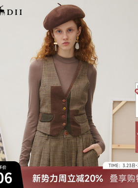 谜底马夹女2025秋季新品复古文艺格纹拼接层次修身马甲253MM1266