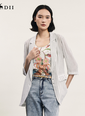 谜底条纹西装外套女年夏款复古通勤薄款中长款西服242MW0700