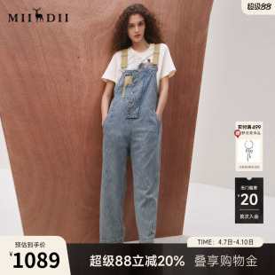 253MK1204 女25秋BOXYFIT复古风拼接绣花直筒牛仔裤 谜底背带裤 长裤