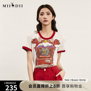 谜底圆领印花T恤女年夏季 上衣242MT0585 新品 复古特色撞色修身