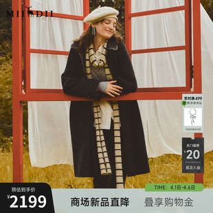 新品 绵羊毛复古牛仔拼接女254MD1708 2025冬季 谜底大廓形大衣长袖