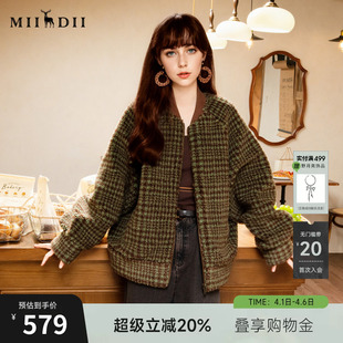 谜底毛毛外套女2025冬疗愈绒感复古百搭格纹宽松棒球服258MW5503