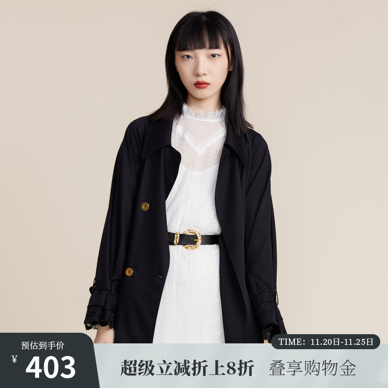 MIIDII谜底2022春秋季绑带收腰莱赛尔风衣中长款外套女221ME0127