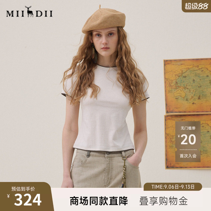 谜底撞色T恤短袖2026年夏季新品简约修身百搭舒适棉麻女262MT0625图片