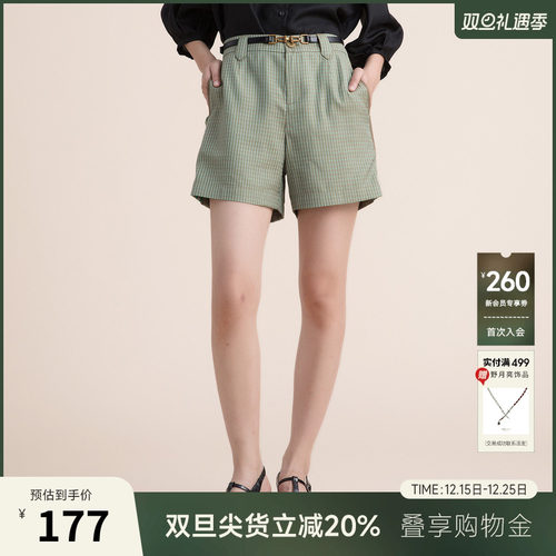 简约四分短裤,色织格纹面料拼接针织侧条