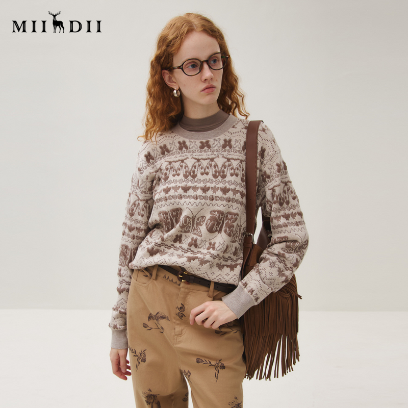 谜底圆领套头针织衫女2025秋新品提花保暖舒适柔软毛衣253MZ1335