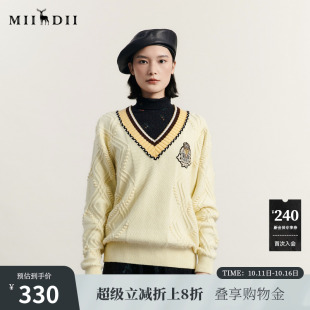 女234MZ1859 老钱风宽松刺绣针织衫 谜底V领套头毛衣女冬季 新款