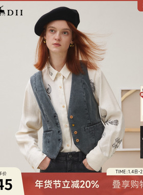 谜底马夹女2025秋新品复古收腰灯芯绒牛仔手绘印花马甲253MM1222