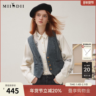 谜底马夹女2025秋新品复古收腰灯芯绒牛仔手绘印花马甲253MM1222