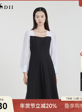 谜底春新款法式复古小黑裙方领连衣裙气质收腰A字裙231ML0128
