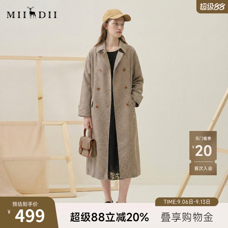 谜底细格纹风衣女士2025春新款复古翻领宽松双排扣外套257ME7301图片