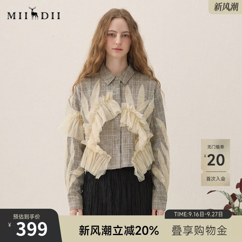 谜底短款拼接网纱衬衫长袖2026春新品特色造型感衬衣女265GC5017图片