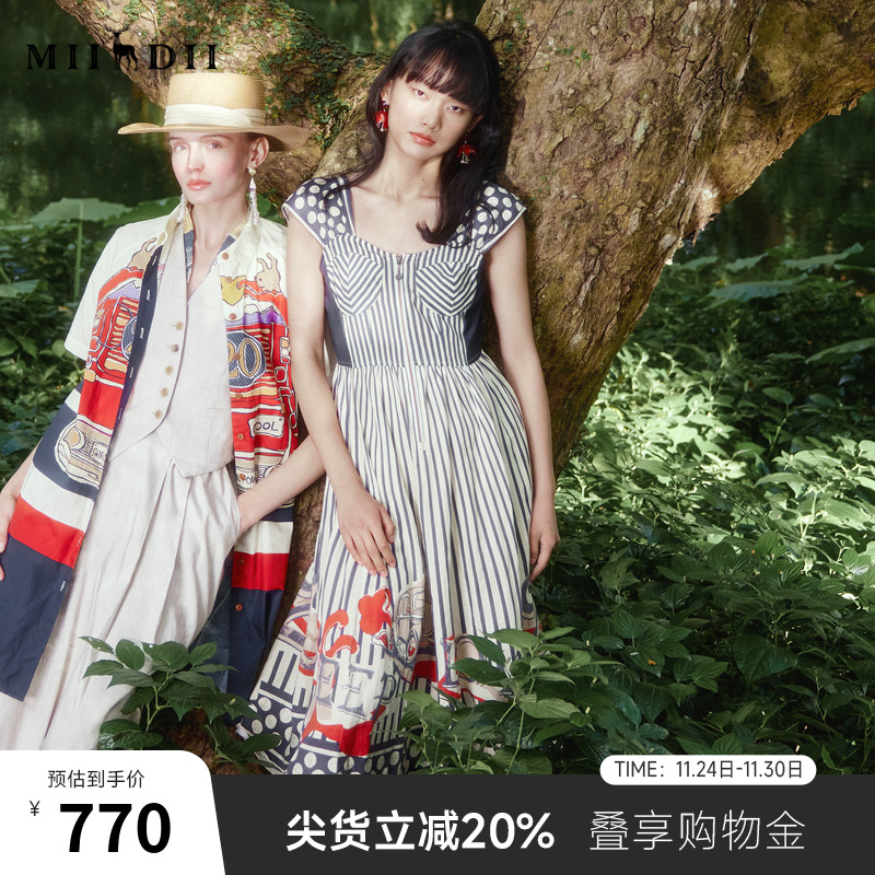 罗马度假式X型连衣裙，黑白条结合复古图案