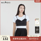 谜底圆领T恤女23春季 新款 设计贴兜胸衣假两件上衣女231MT0143下