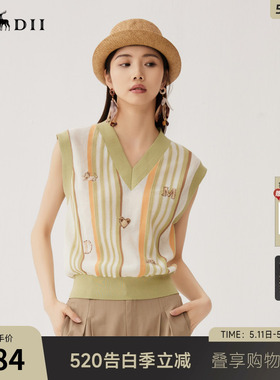 谜底针织马甲女秋新品文艺风彩条V领套头针织衫毛衫243MZ1260