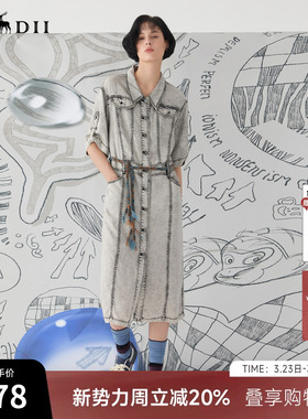 谜底牛仔连衣裙短袖25春BOXYFIT复古H型衬衫式中长裙子251ML0148
