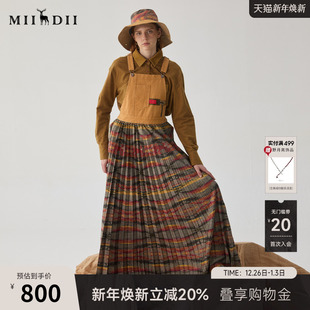 谜底背带连衣裙冬季 复古风拼接百褶大摆裙长裙244ML1656 新品