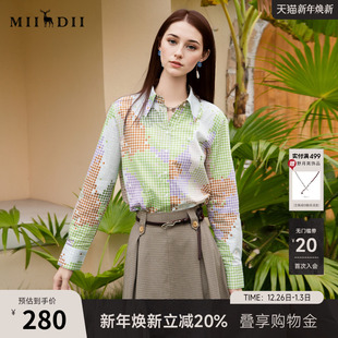 复古风印花宽松衬衣257MC7791 女2025秋新款 谜底100%棉花衬衫 长袖