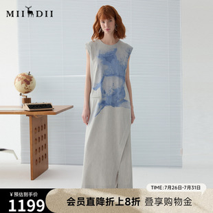 2025春新品 谜底针织连衣裙无袖 文艺风宽肩原创印花长裙251ML0075