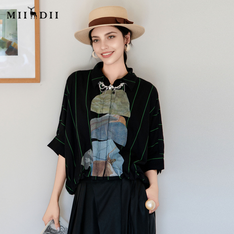 谜底秒杀专享)大廓形印花衬衫分袖女2025夏季新款下摆可收缩衬衣2