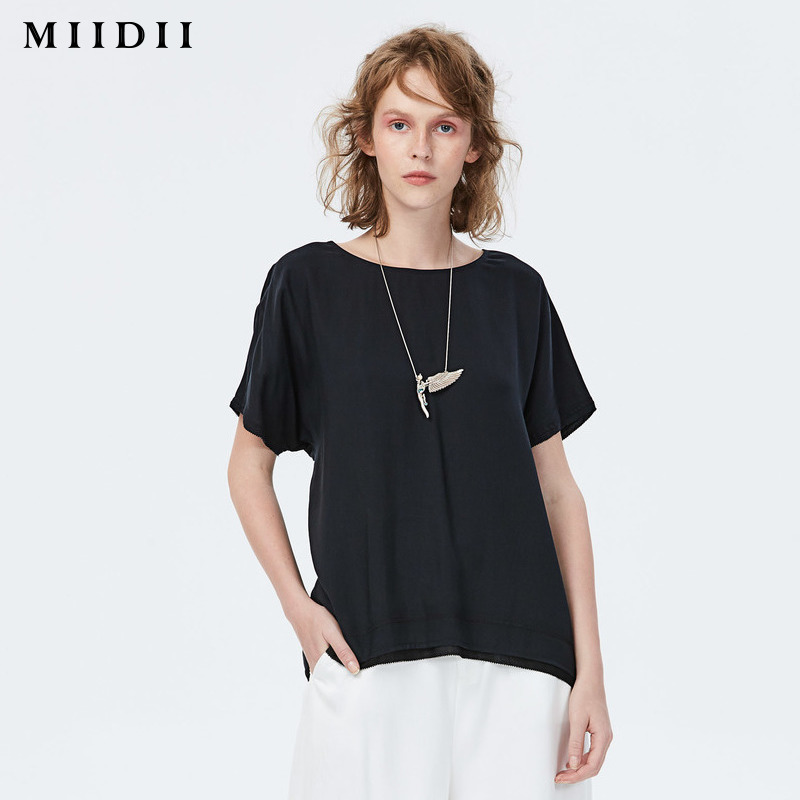 miidii謎底2018夏裝新款簡約廓形寬松圓領凈色襯衫女172MC1054