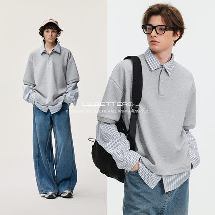Lilbetter假两件珠地针织polo衫男2025高智感拼接衬衫领长袖上衣