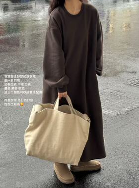 韩国东大门2026秋冬新款纯色圆领长袖卫衣裙女宽松休闲百搭连衣裙