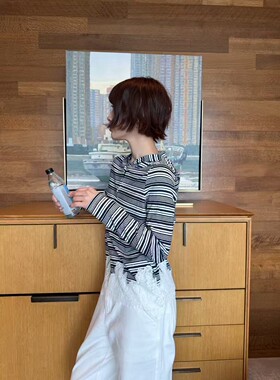 2026新款春夏深圳设计师款棉+苎麻拼接进口蕾丝连帽条纹长袖T恤衫