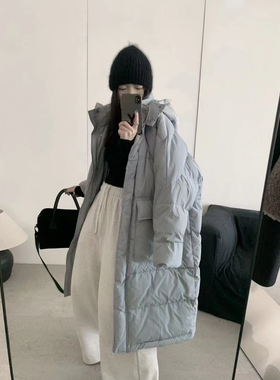 江江好韩系休闲时尚口袋连帽中长款90白鸭阔版羽绒服