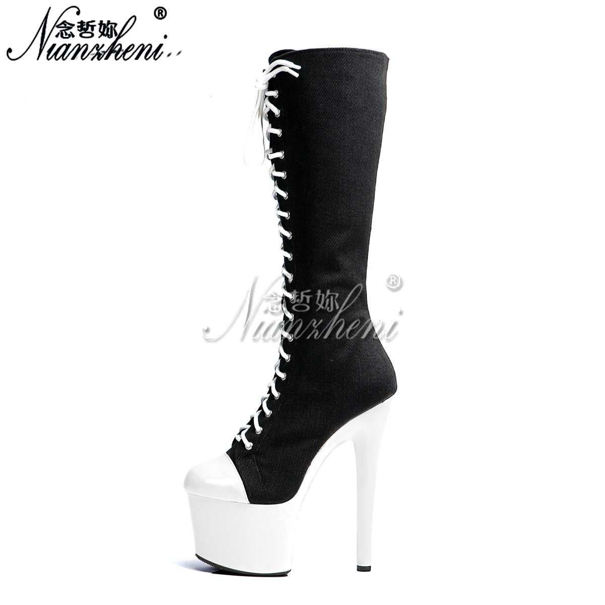 20公分超高跟鞋细跟防水台不过膝长靴模特走秀大码不累脚高筒女靴