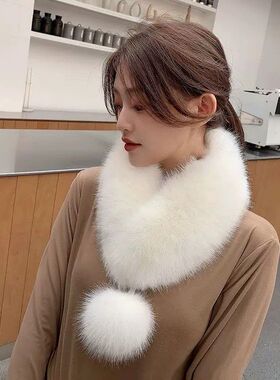围巾韩版围脖毛仿真女领子学生毛毛保暖皮草秋冬毛球毛毛狐狸白色