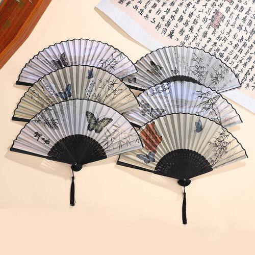 汉服款旗袍夏季便携跳扇子折扇小国风蝴蝶道具舞蹈折叠新中式流苏