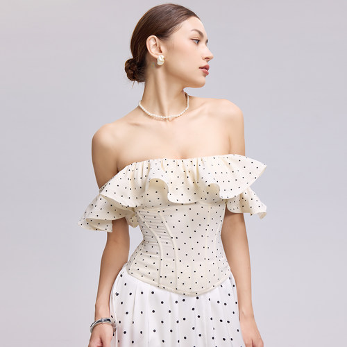 CORSELET白底黑波卡尔点抹胸复古荷叶边一字肩泡泡袖外穿鱼骨胸衣