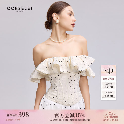 CORSELET白底黑波卡尔点抹胸复古荷叶边一字肩泡泡袖外穿鱼骨胸衣