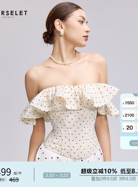 CORSELET白底黑波卡尔点抹胸复古荷叶边一字肩泡泡袖外穿鱼骨胸衣