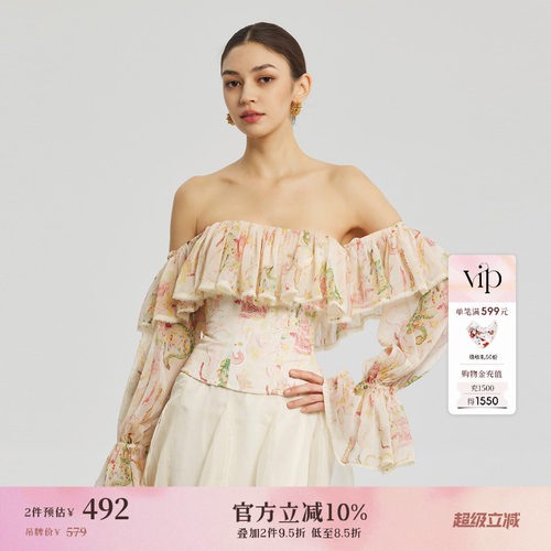 CORSELET 山野伊犁雪纺灯笼袖蕾丝花边鱼骨胸衣复古长袖抹胸上衣