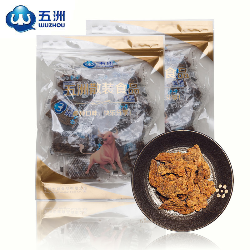 五洲风干手撕牛肉干片沙嗲味散称安徽特产休闲零食真空大包装250g