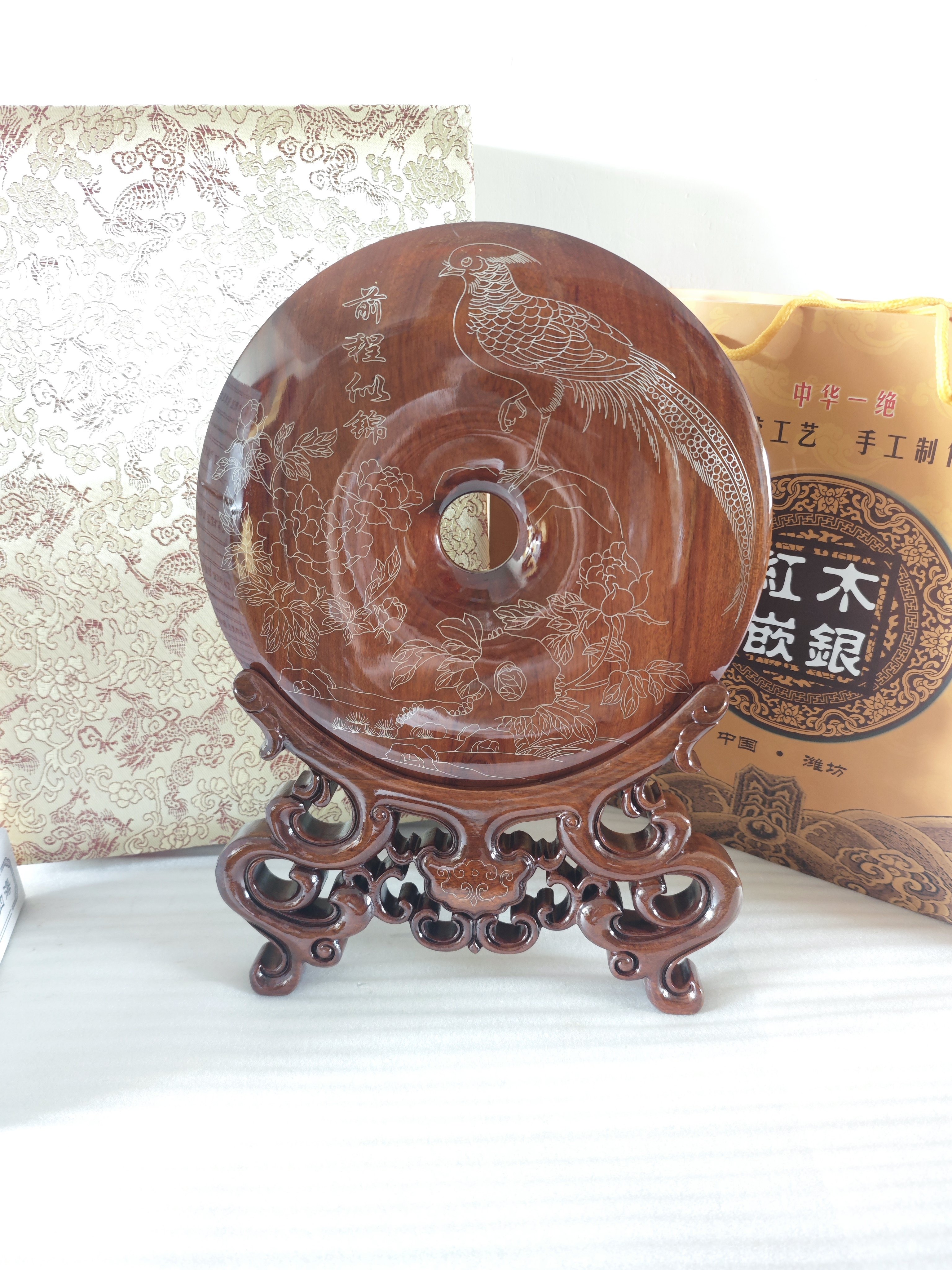 潍坊红木嵌银平安扣国家非遗精品高档礼盒装送礼佳品装饰摆件工艺