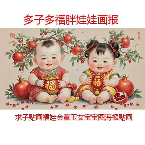 求子贴画早生贵子多子多福胖娃娃画报福娃金童玉女宝宝图海报贴画