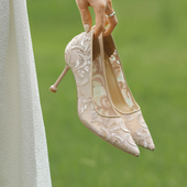 轻云绣 法式 秀禾主婚纱两穿网纱婚鞋 女夏蕾丝高跟伴娘鞋 新娘鞋